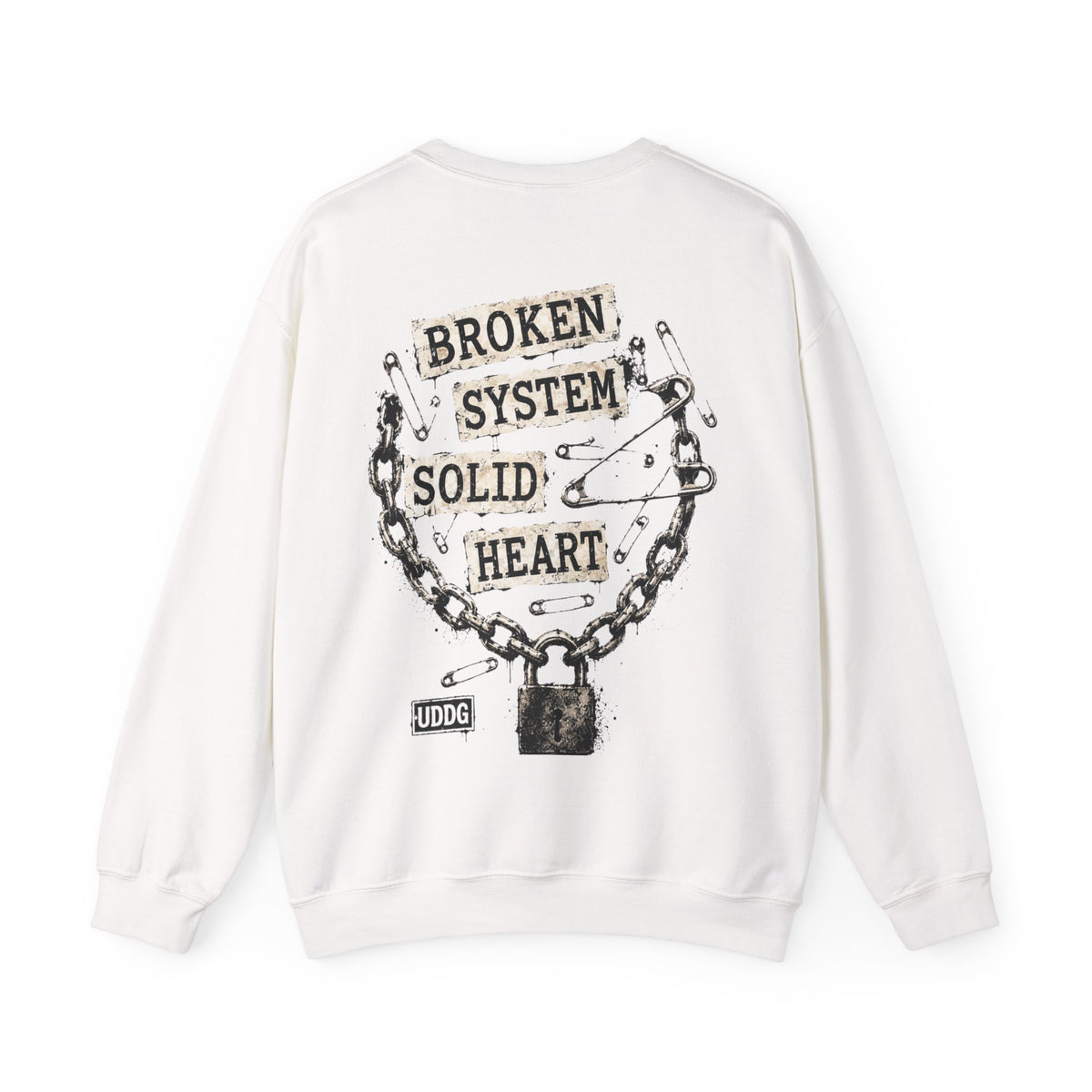 UDDG Noise Series 02 – Broken System. Solid heart. White Punk Sweatshirt.