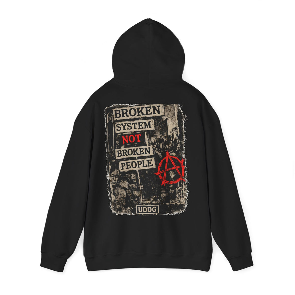 Serie UDDG Riot 10 – Sistema roto. No gente rota. Sudadera punk con capucha