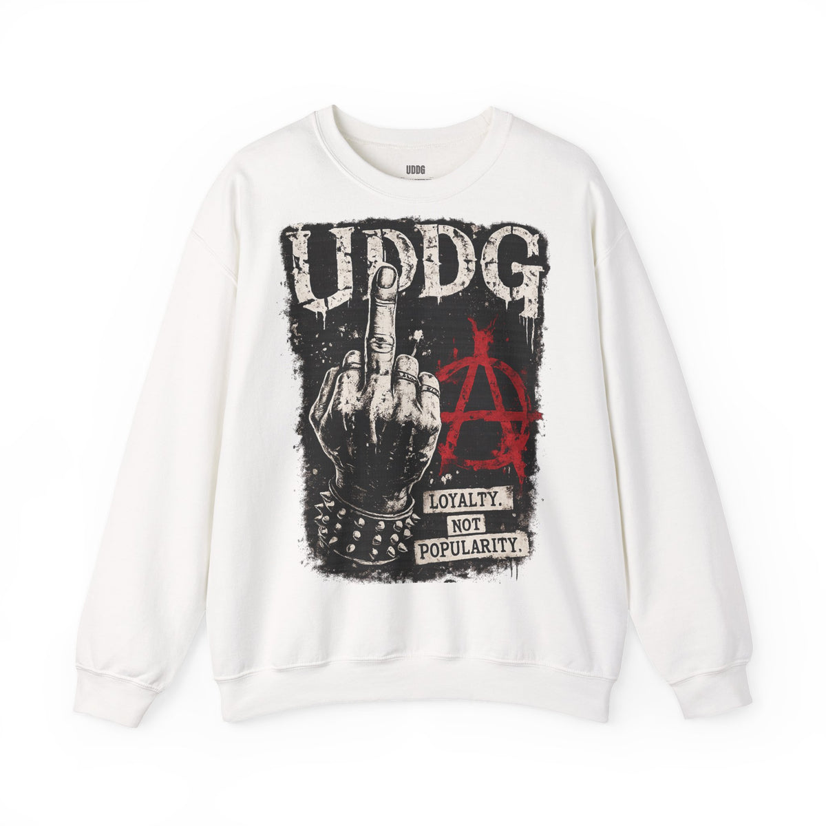 UDDG Noise Series 02 – Broken System. Solid heart. White Punk Sweatshirt.