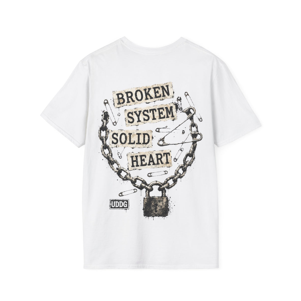 UDDG Noise Series 02 – Broken System. Solid Heart. White Punk T-Shirt