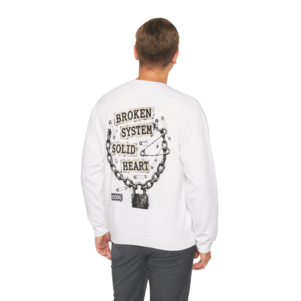 UDDG Noise Series 02 – Broken System. Solid heart. White Punk Sweatshirt.