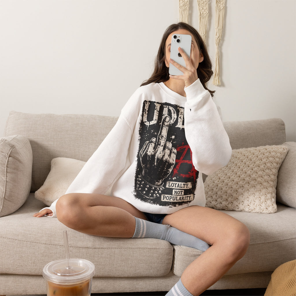 UDDG Noise Series 02 – Broken System. Solid heart. White Punk Sweatshirt.
